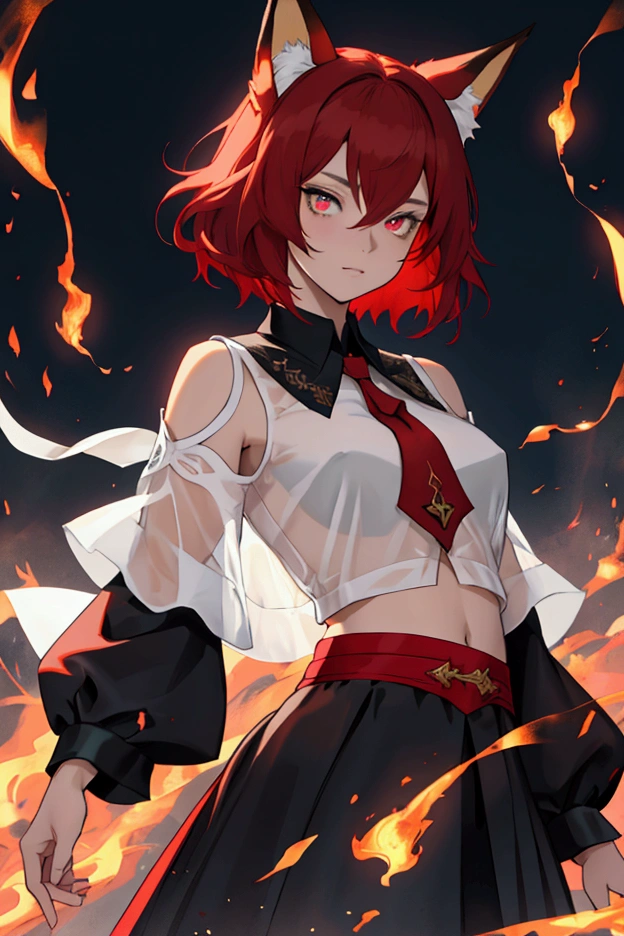 Sarada Uchiha,Absolutely drop dead Gorgeous, detailed & clear Red Mangekyou sharingan eyes, Dd breasts, looking at viewer seductively, Red hair,medium breasts, antenna hair, hair between eyes,  looking at viewer, ahoge, expressionless, bangs, Red hair,  Black boobtube with uchiha logo and hokage cloak over it with a short white skirt, black thigh-highs,Red flame gloves
