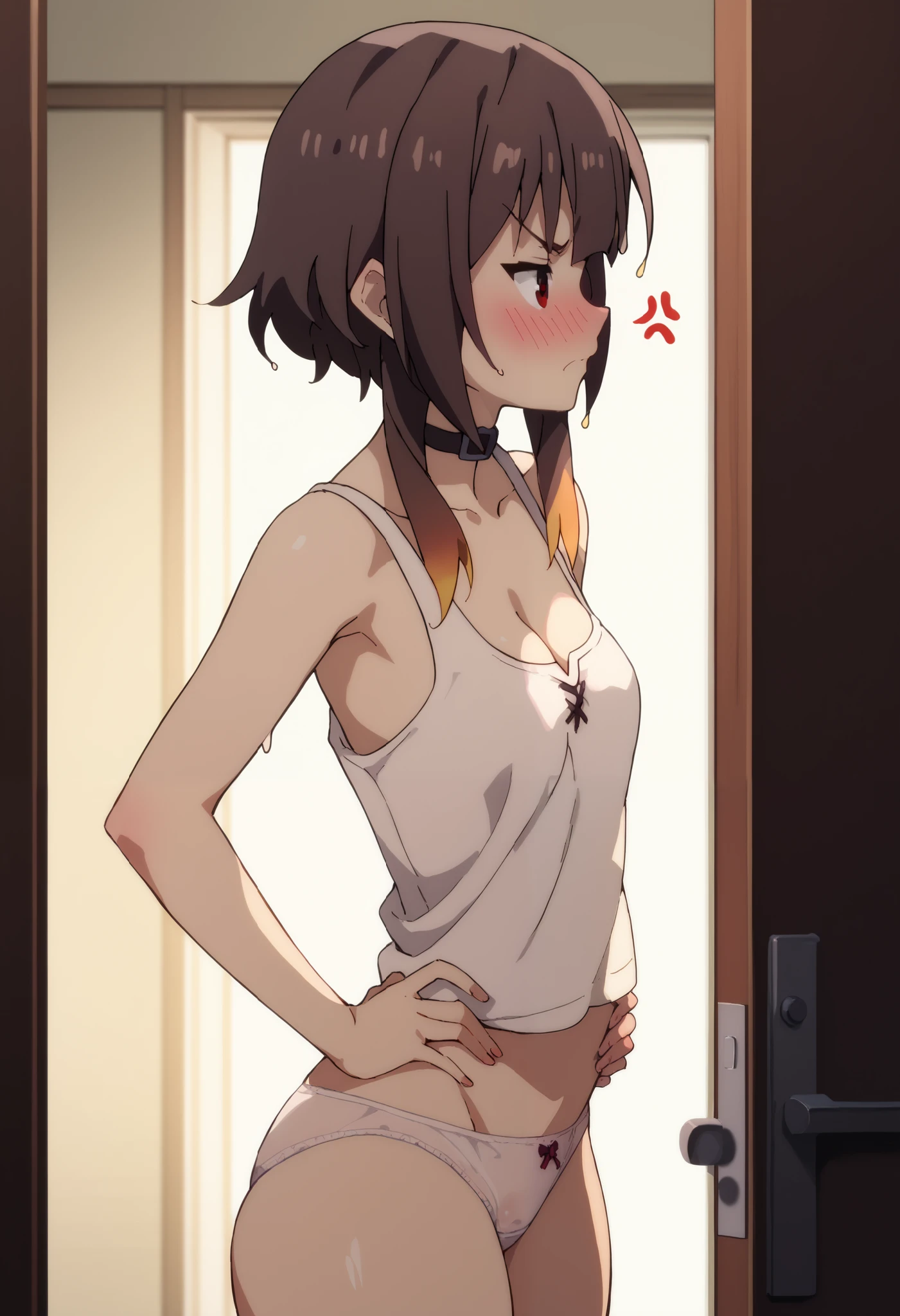 Megumin, 1girl, solo, breasts, short hair, brown hair, red eyes, ((white tanktop)), standing up, panties, thick thighs, hands on waist, ((blush)), dooway, annoyed, messy bedroom, messy bed, bend over, leaning forward, ((close up)), cleavage, ((doorway)), ((wet panties)), ((vibrator under clothes), ((light headed)), (((ashamed))), (((wet inner thigh))), side profile