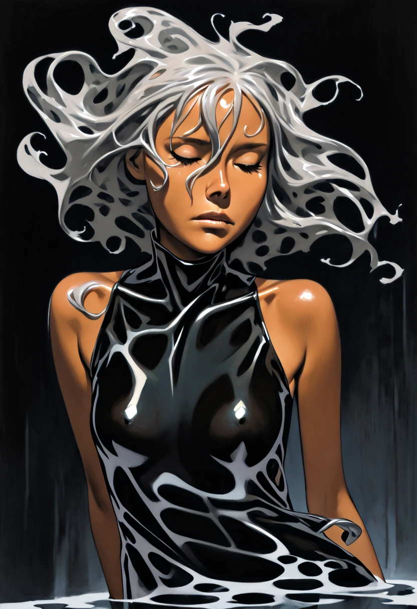 Thin Middle aged sliver haired tan Woman nude. She is inside a black plastic bag, the bag is skin tight around her skin, She is submerged in acid. Her hair is floating in side the acid. She has a sorrowful expression looking down, 