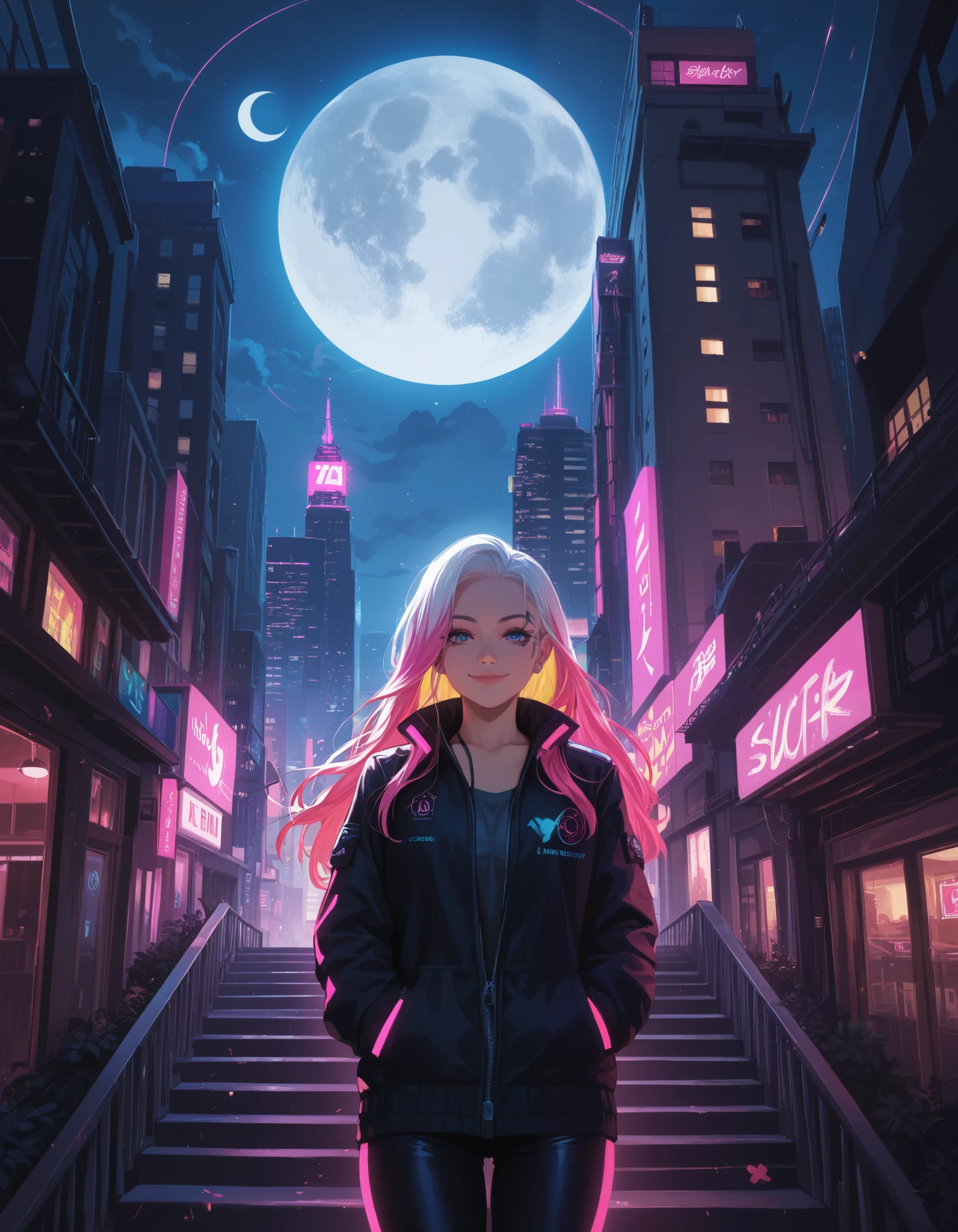 score_9, score_8_up, score_7_up,, colorful, 1girl, colorful, colorful, cyberpunk, ladder, looking at viewer, moon, multicolored hair, two-tone hair, pink theme, long hair, solo, closed mouth, limited palette, full moon, building, smile, outdoor, city lights, masterpiece, best quality, newest, very awa