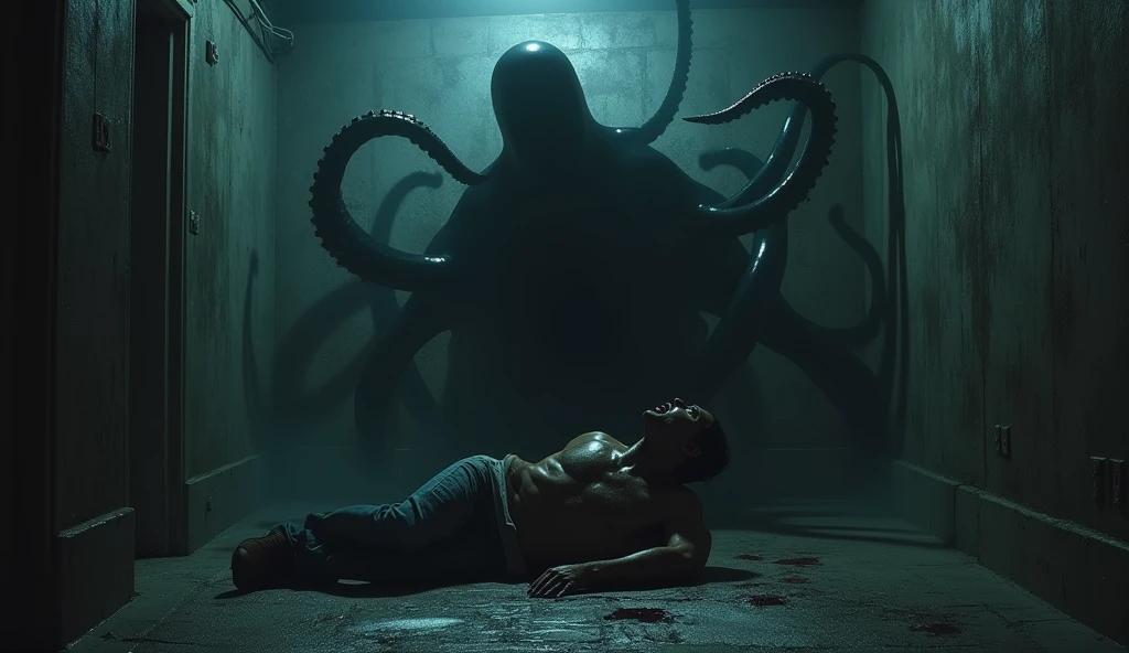 An evil dark shadow with many octopus-like arms attacking a screaming man in a bathroom 