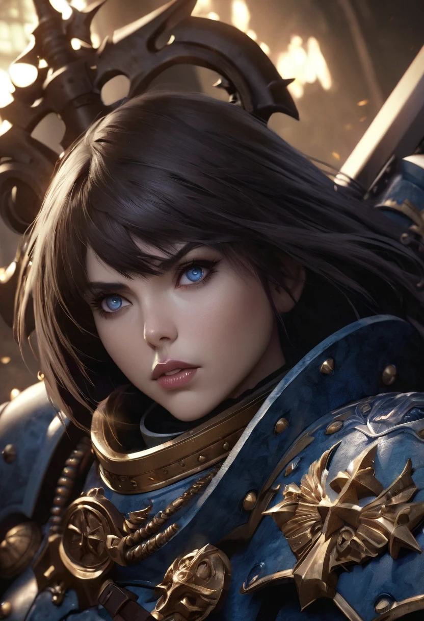 detailed high quality portrait of a Warhammer 40k sisters of battle Canoness, beautiful detailed face, piercing eyes, full lips, ornate battle armor, holding a blessed power sword, dramatic lighting, cinematic composition, vibrant colors, intricate details, dark gothic atmosphere, cinematic lighting, complex background, realistic rendering, heroic pose