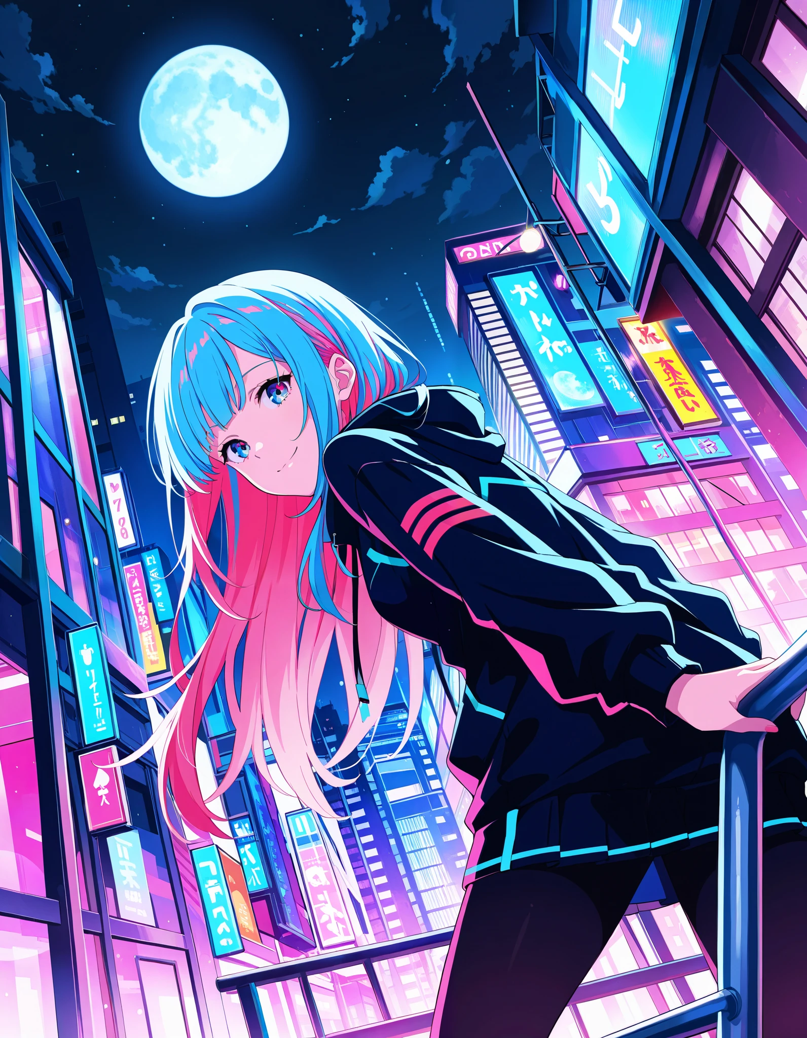 score_9, score_8_up, score_7_up,, colorful, 1girl, colorful, colorful, cyberpunk, ladder, looking at viewer, moon, multicolored hair, two-tone hair, pink theme, long hair, solo, closed mouth, limited palette, full moon, building, smile, outdoor, city lights, masterpiece, best quality, newest, very awa