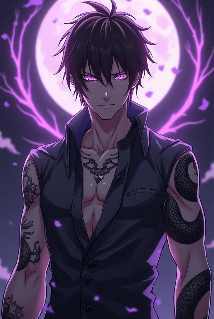 Ultra detailed, Highres, absurdres, HDR, Uchiha Sasuke, black hair, expressive red eyes, Naruto Shippuden, black clothes with patterns with a hoodie, sexy man, solo, purple flowers, shining fireflies, handsome, petals, shining purple lights, shining purple moon, toned chest, extremely detailed eyes and face, master piece,