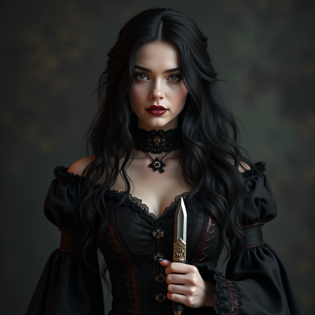 White lady with porcelain skin, with delicate features, long jet black hair, sky blue eyes, marked eyebrows and long eyelashes, almond-shaped eyes, red lips with an intense and intimidating look, black leather jacket and a black top with a v-neckline, white gold necklace with jade gems, holds a katana in her hand, her face resembles Jennifer from the movie Jennifer's Body, she is in profile, realistic image