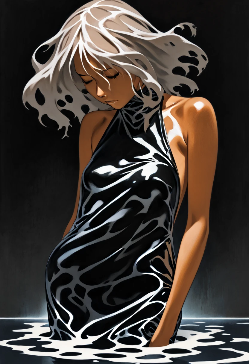 Thin Middle aged sliver haired tan Woman nude. She is inside a black plastic bag, the bag is skin tight around her skin, She is submerged in acid. Her hair is floating in side the acid. She has a sorrowful expression looking down, 