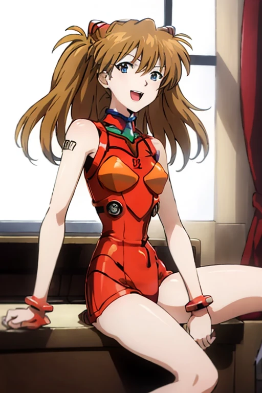 (( top quality)), ((masterpiece)), (be familiar with),  perfect face, indoor, bedroom,  watching viewers,
One woman,  Soryu Asuka Langley,
 open mouth,  ecstatic expression beside the piano, blush, smile,
 small tits,  flat chested, Young girl, Lori,  s,  girl,
 long hair,  Twin Tails ,
Leg spread,