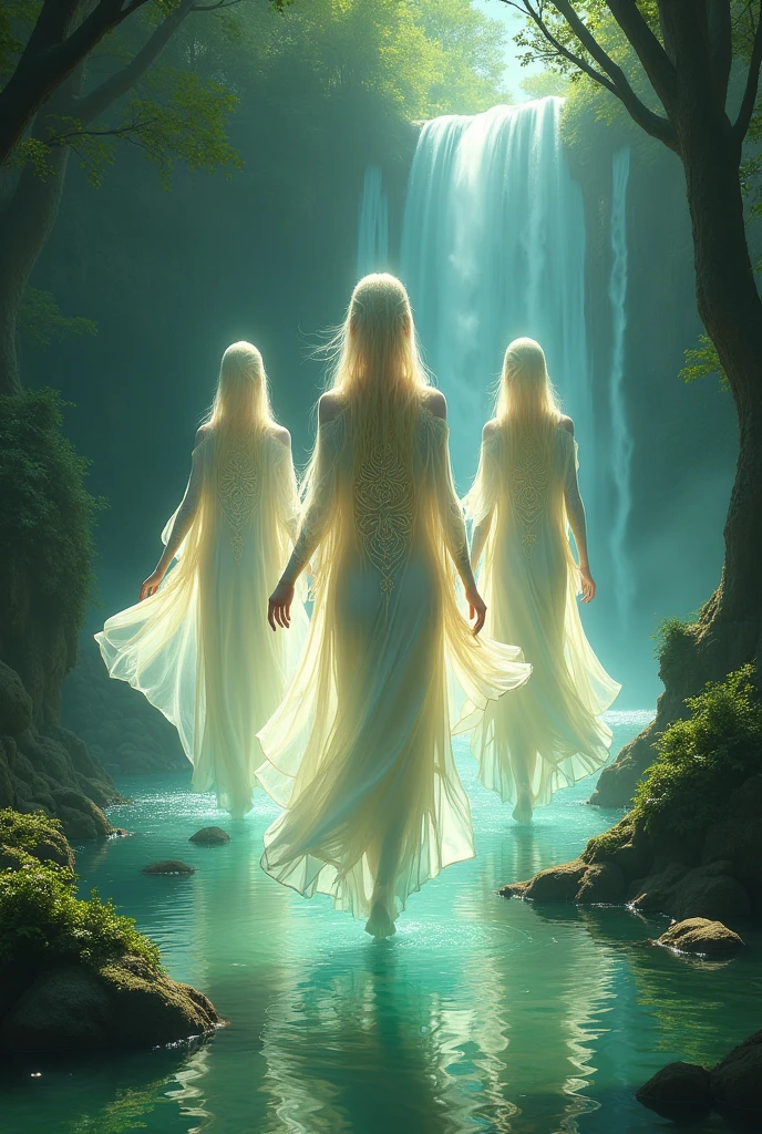 A group of mermaids on the edge of a river in the middle of the forest, at night, in the style of a Dark Fantasy film.