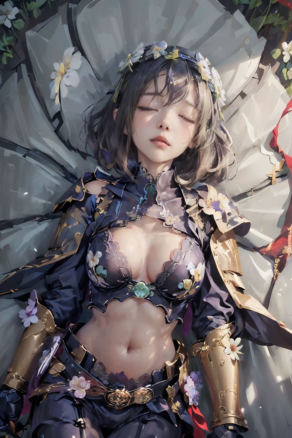 (( top quality,8k)), ((masterpiece)), ( Details), Photographically, high definition , girl, Detailsな美しい顔, knee up , medium hair,((Flower crown:1.5)) ,(白詰草の群生地に座る girl, sideways:1.6),(Sleeping horizontally:1.8)(( Lavishly Decorated Armor :1.5)),(( armor with lace ribbon:1.2)),(Chest, waist,navel,clavicle:1.5),Lace Cape,(((Covering White Clover Colony ))),Falling petals,Strong winds,