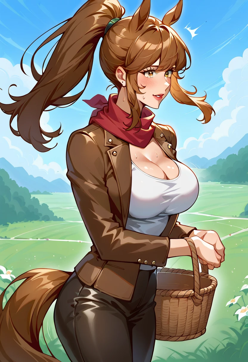 score_9, score_8_up, score_7_up, ASCII masterpiece, source_anime, BREAK, 1girl, solo, (( fujiko_mine, thin waist, wide hips, beautiful skin, beautiful brown hair, beautiful long hair, ponytail, ponytail flapping in the fierce gale, clear eyes, piercing amber eyes, bright pupils, beautiful eyes, huge and shaggy breasts, natural beauty, horse ears, horse tail, brown tail, long tail, large tail, tail flapping in strong winds, extraordinary beautiful woman, attractive woman, super sexy woman, lustful body, sexy woman with seductive obscene body, sensual body, voluptuous body, sexy beauty, )) , rear view, (open field background), sweaty, 1girl, ((outside)), brown leather jacket, white tank-top, obscene cleavage, high details, red blush on face, nervous expression, standing in hot-air balloon basket, flying in hot-air balloon high above the clouds, powerful gale-force winds, long red silk scarf flying off from around neck, reaching out, suprised expression, scarf lost, scarf being carried away on the wind, scarf flying away in the distance