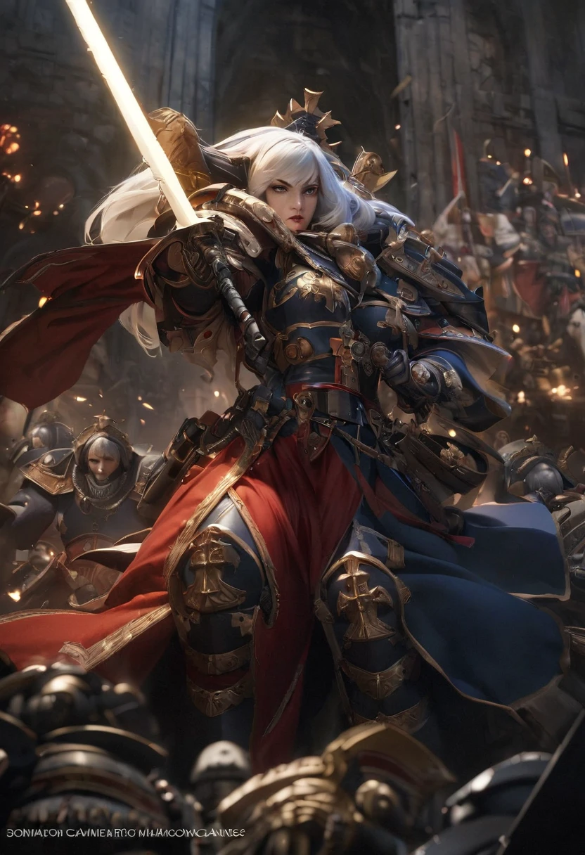 detailed high quality portrait of a Warhammer 40k sisters of battle Canoness, beautiful detailed face, piercing eyes, full lips, ornate battle armor, holding a blessed power sword, dramatic lighting, cinematic composition, vibrant colors, intricate details, dark gothic atmosphere, cinematic lighting, complex background, realistic rendering, heroic pose, Full body shot, White hair, Emperor of mankind, Face scar