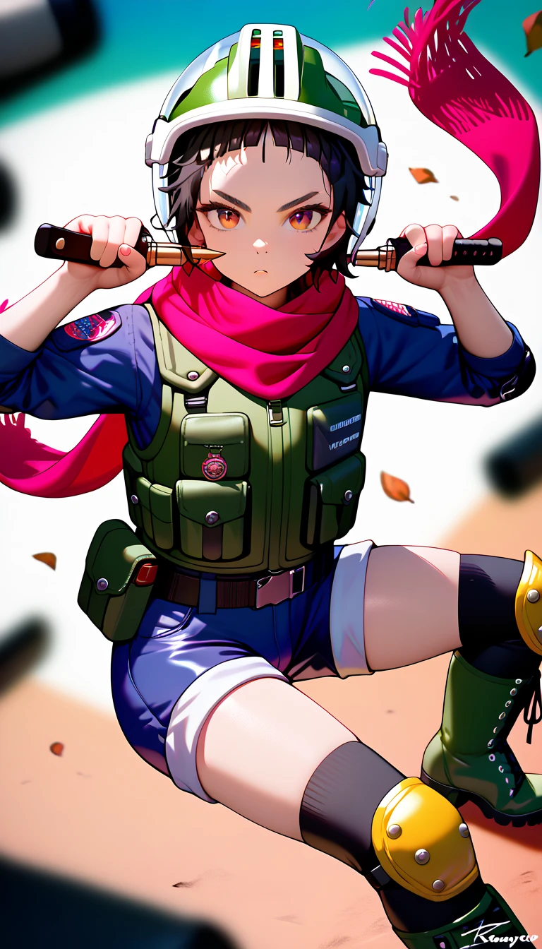 masterpiece, highest_quality, ultra_detailed, anime_style, depth_of_field, 1boy_focus, boy is (japanese_femboy, (black_hair, messy_hair, crew_cut, forehead_bangs, black_slant_eyes, close_set_low_eyebrows), flat_chest, (fullface_helmet:1.5, leather_wide_shorts_over_bodysuit, thighhigh_boots, bulletproof_vest, knee_pad, greave, scarf):1.5, fighting_pose), five_fingers, detailed_face, full_of_details, holding_dagger, dual_wielding, handgun_in_a_holster, submachinegun