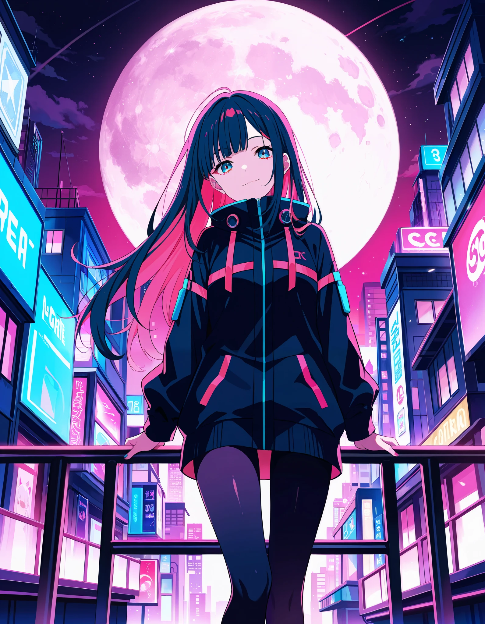 score_9, score_8_up, score_7_up,, colorful, 1girl, colorful, colorful, cyberpunk, ladder, looking at viewer, moon, multicolored hair, two-tone hair, pink theme, long hair, solo, closed mouth, limited palette, full moon, building, smile, outdoor, city lights, masterpiece, best quality, newest, very awa