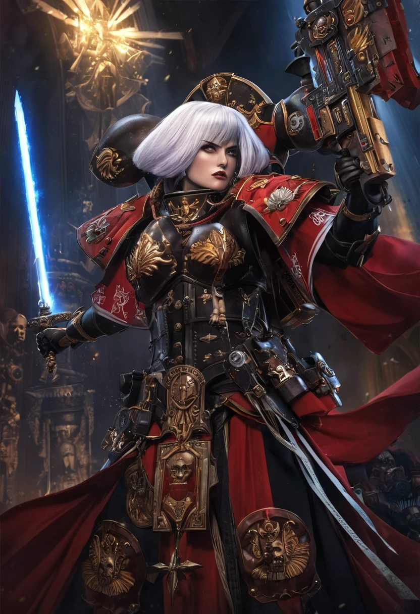 detailed high quality portrait of a Warhammer 40k sisters of battle Canoness, beautiful detailed face, piercing eyes, full lips, ornate battle armor, holding a blessed power sword, dramatic lighting, cinematic composition, vibrant colors, intricate details, dark gothic atmosphere, cinematic lighting, complex background, realistic rendering, heroic pose, Full body shot, White hair, Emperor of mankind, Face scar