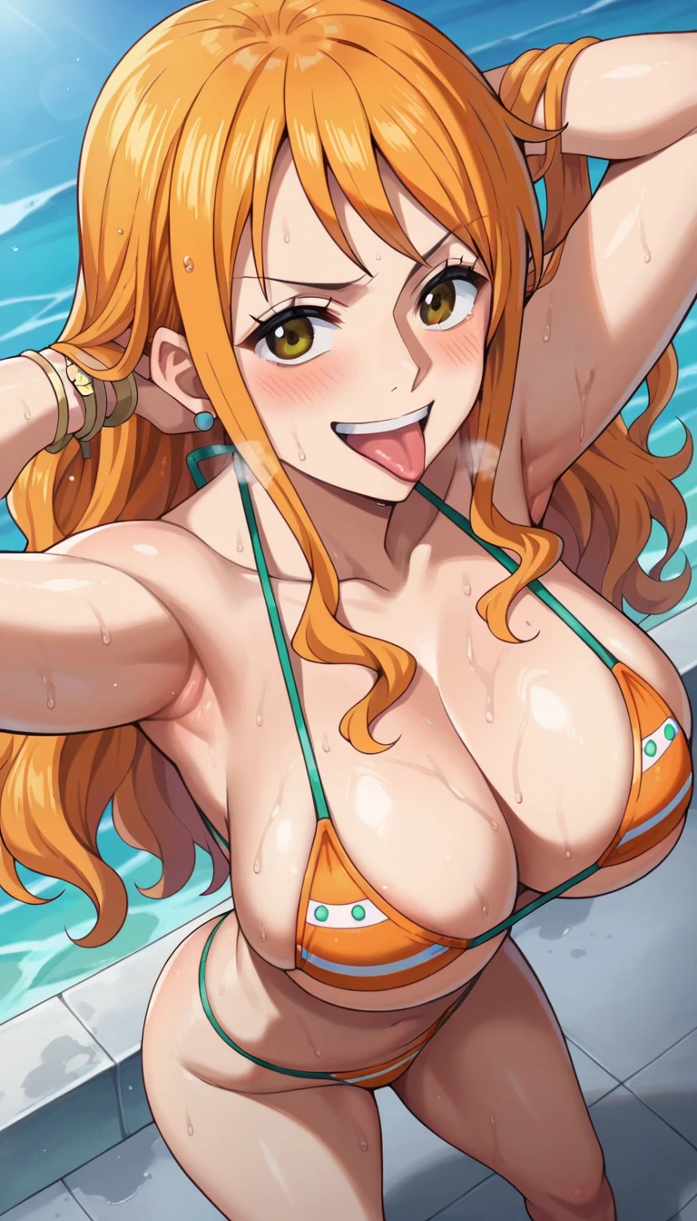  score_4_above, BREAK source_animated, Nami, Orange hair,  long hair,  wavy hair , brown eyes, big breasts gyaru ,  busty ,  big butt,  perfect pronounced waist, little bikini,  orange flower bikini ,  mini bikini,  wet body ,  heavy breathing, blush, standing, playa, day,  gunman shot, lewd, sexy,  Tongue out, squat,  hands behind the head ,  ironic smile