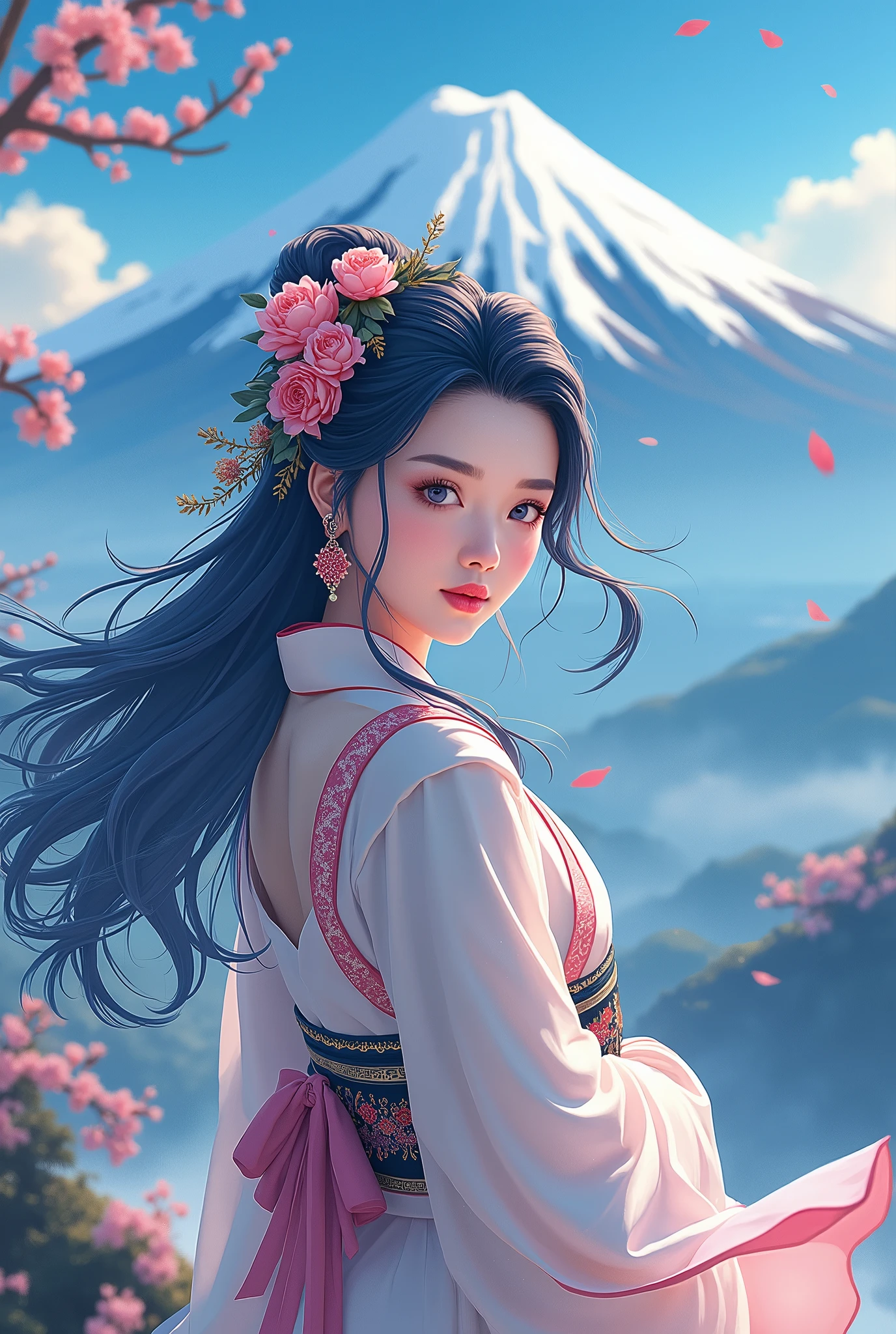 Japanese Mythology, 美しい富士Mountain Goddess, Princess Konohana Sakuya ,  the supreme god of Japanese mountain worship, Mountain Goddess,  Best Anime Beauties, Anime Cartoon Art , Osamu style of Tezuka,  best quality,  high definition , 8k, 