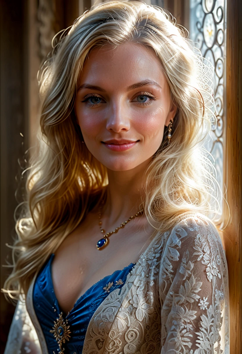 A stunning, petite woman, 30 years old, with long, voluminous, flowing blonde hair and vivid, sparkling blue eyes, stands in an ornate Victorian bedroom adorned with intricate wood carvings and luxurious, velvet fabrics. She is wearing a very short, semi-transparent, lace-trimmed nightgown that reveals her naked body and some pubic hair. She is smiling softly and gently touching her ear with her hand. Her enormous, perfectly shaped breasts are prominently displayed, adding to her ethereal beauty. The room is bathed in soft, warm, golden lighting, enhancing the romantic and intimate atmosphere. The scene is captured from a slightly elevated angle, emphasizing her graceful posture and the opulence of the setting. The camera, a high-resolution DSLR with a 50mm prime lens, captures every intricate detail, from the lace of her nightgown to the texture of the wood carvings. The photographer, known for their expertise in capturing intimate and sensual moments, ensures that the lighting and composition are perfect, creating a timeless and elegant image. The art style is reminiscent of Pre-Raphaelite paintings, with a focus on natural beauty and detailed, romantic settings. The scene is set in the late afternoon, with the golden hour light casting a warm glow through the window, adding to the enchantment of the moment. The background is slightly blurred, drawing the viewer's attention to the woman's beauty and the intricate details of her surroundings. The overall composition is balanced and harmonious, with the woman positioned slightly off-center, following the rule of thirds, to create a visually pleasing and engaging image. (Full body: 1.5)