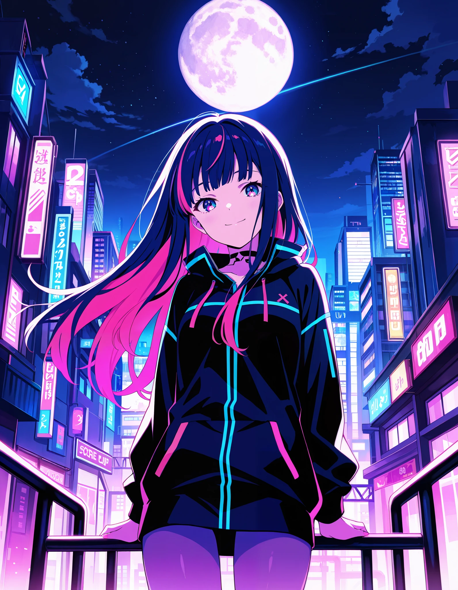 score_9, score_8_up, score_7_up,, colorful, 1girl, colorful, colorful, cyberpunk, ladder, looking at viewer, moon, multicolored hair, two-tone hair, pink theme, long hair, solo, closed mouth, limited palette, full moon, building, smile, outdoor, city lights, masterpiece, best quality, newest, very awa