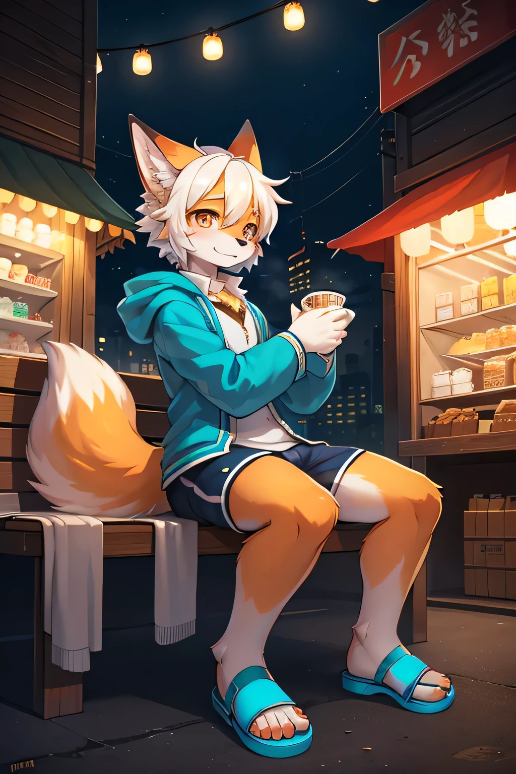 cat plush,There are two,hairy,furry,With a blue hat,Colorful Patterned White Sweatshirt,Black jeans with white stripes,Q version,cute,Simple art style,Cartoon style,blue eyes,Cheerful,happy,Ears with orange hair and white hair on the tips of the ears,back hair,hairy 蓬松的狼尾,Big tail orange tail tip white,in living room,Drink drinks