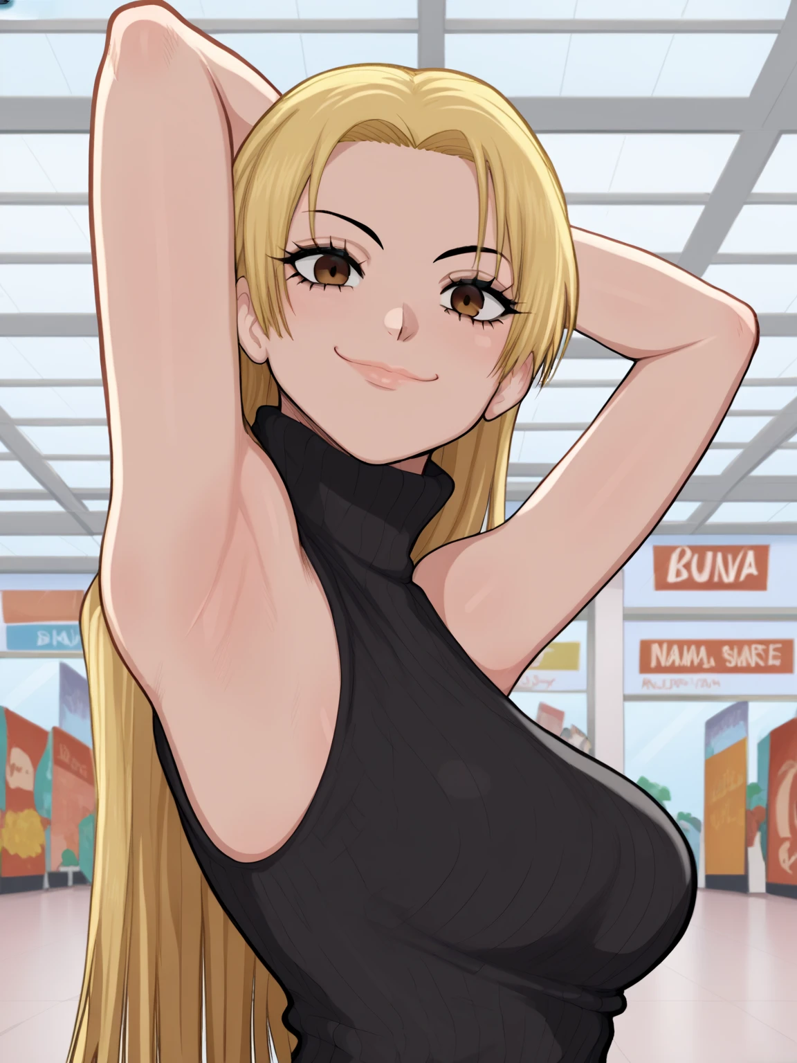 score_9, score_8_up, score_7_up, source_anime, anime screencap, 1girl, solo, yuki tsukumo,blonde hair, long hair, brown eyes, black sweater, sleeveless sweater, ribbed sweater, turtleneck, no bra, large breast, bare shoulders, arm behind head, armpit, looking at viewer, head towards viewer, smile, badhandv4, indoors, shopping mall, closed mouth, from side, from below 