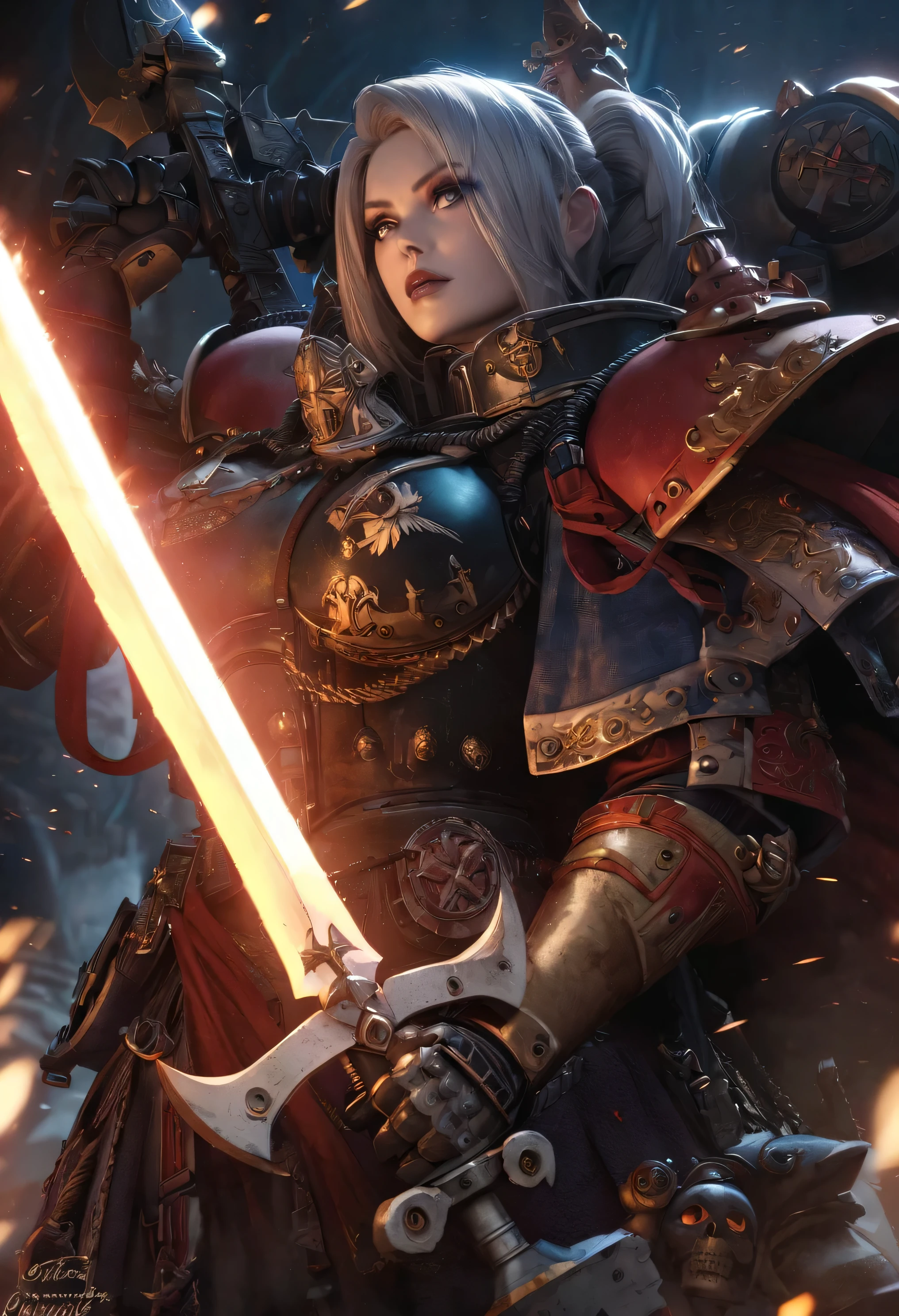 detailed high quality portrait of a Warhammer 40k sisters of battle Canoness, beautiful detailed face, piercing eyes, full lips, ornate battle armor, holding a blessed power sword, dramatic lighting, cinematic composition, vibrant colors, intricate details, dark gothic atmosphere, cinematic lighting, complex background, realistic rendering, heroic pose