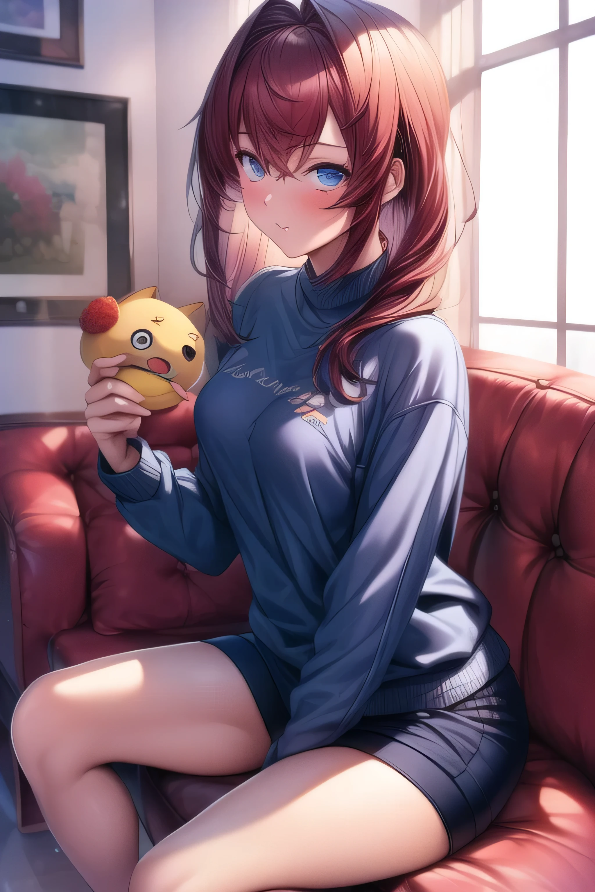 (( top quality)), ((masterpiece)), ( Details),masterpiece, 1 girl,Acup small tits , 18 years old, ,Melancholic, I'm going to look up, miniskirt, Winter clothes, Loungewear, Fluffy,   lean forward ,  pant stockings, Sitting beside me on the couch, close, I'm holding Pompompurin, 