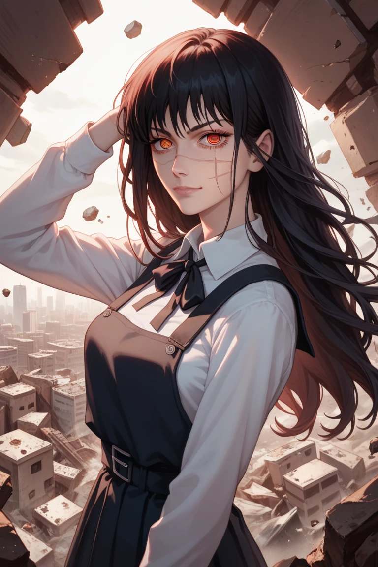 1girl, upper chest closeup, dynamic angle, suzukasuraimu, Yoru (Chainsaw Man), red eyes, black hair, loose long hair, intricate eyes, solo detailed eyes, facial scars, very aesthetic, focused, mature, long torso, staring at viewer, determined look, evil smirk,
school uniform, black pinafore, neck ribbon, black ribbon, white shirt, long sleeves,
slender figure, thin waist, mascara, beautiful female, 
arms ready for combat,
rubble, ruined city,
detailed, dynamic shot, highlights, masterpiece, best quality, amazing quality, absurdres,