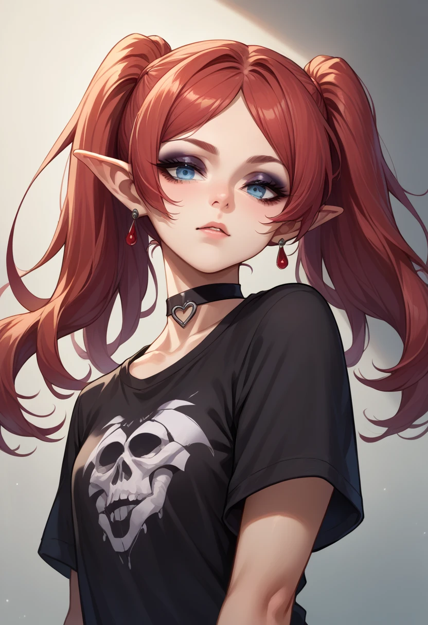 Score_9, Score_8_up, source_anime, 1girl, solo, Frieren, blue eyes, red hair, long hair, twintails, earrings, black shirt, t-shirt, black choker, heart choker, goth, eyeliner, eyeshadow,