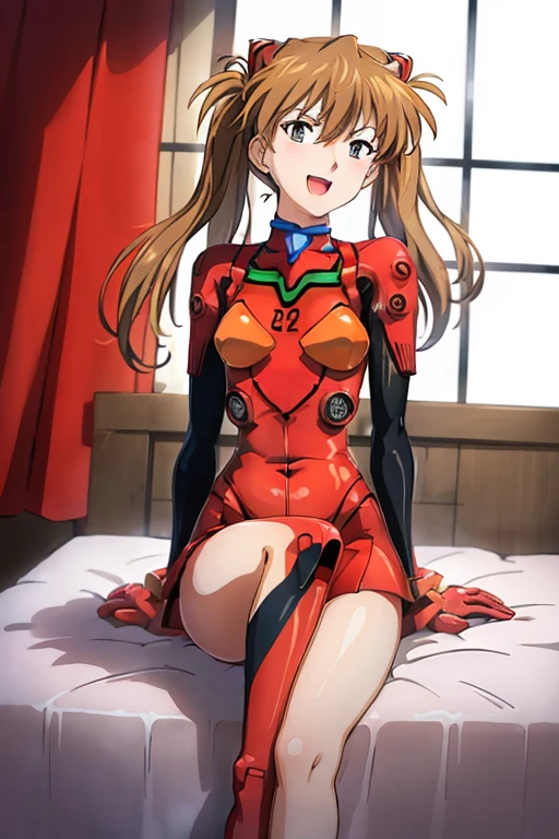 (( top quality)), ((masterpiece)), (be familiar with),  perfect face, indoor, bedroom,  watching viewers,
One woman,  Soryu Asuka Langley,
 open mouth,  ecstatic expression beside the piano, blush, smile,
 small tits,  flat chested, Young girl, Lori,  s,  girl,
 long hair,  Twin Tails ,
Leg spread,