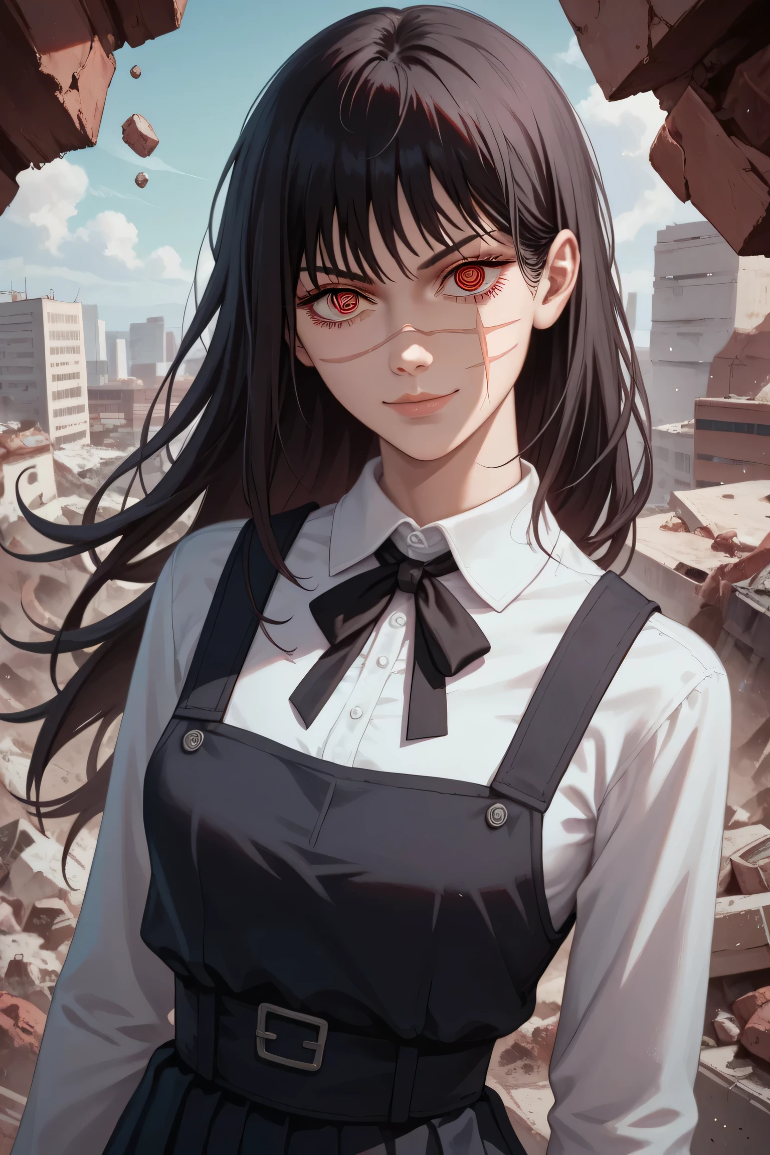 1girl, upper chest closeup, dynamic angle, suzukasuraimu, Yoru (Chainsaw Man), red eyes, black hair, loose long hair, intricate eyes, solo detailed eyes, facial scars, very aesthetic, focused, mature, long torso, staring at viewer, determined look, evil smirk,
school uniform, black pinafore, neck ribbon, black ribbon, white shirt, long sleeves,
slender figure, thin waist, mascara, beautiful female, 
arms ready for combat,
rubble, ruined city,
detailed, dynamic shot, highlights, masterpiece, best quality, amazing quality, absurdres,