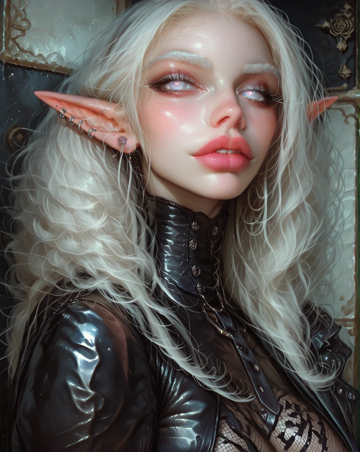 Close up, front viewer, albino elf, ((the best lighting)), a hyper-realistic and ultra-detailed photo of a beautiful girl, ultra-realistic, ((mature)), nude, ((perfect round breasts)), huge nipple, perfect eyes, shiny skin colorful, body, ((body with leather ties)), ((very pale skin:1.45)), ((white cloudy eyes)), ((pink pupil)), ear piercing, ((white hair)), ((Big muscular body:1.2)), ((body veins)), Big abs, ((white eyebrows)), white long eyelashes, self inside in a dark victorian room, Fishnet Dress,