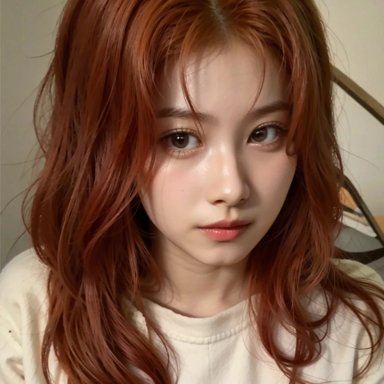 Ginger red long hair, pale skin, big eyes, Sana Minatozaki Twice