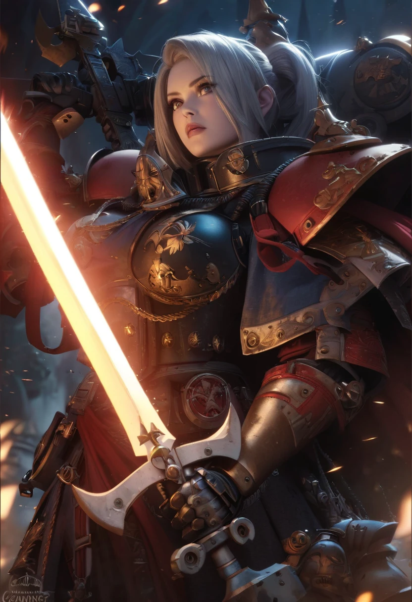 detailed high quality portrait of a Warhammer 40k sisters of battle Canoness, beautiful detailed face, piercing eyes, full lips, ornate battle armor, holding a blessed power sword, dramatic lighting, cinematic composition, vibrant colors, intricate details, dark gothic atmosphere, cinematic lighting, complex background, realistic rendering, heroic pose