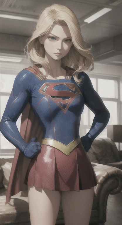 Beautiful Supergirl, Kara Danvers, blonde, red eyes, living room, hands on hips pose,