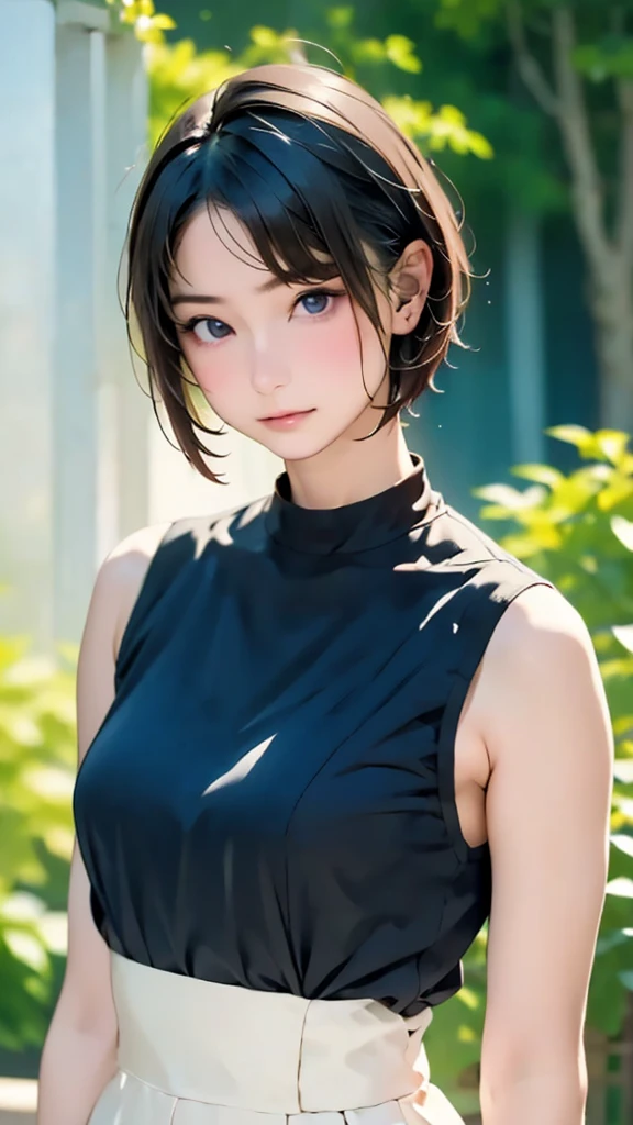 (((pixel-perfect, detail-perfect))), HDR, 4K, 1girl, solo, exposed back, looking at viewer, upper body, black hair, bob_hair, short-hair, short bob hair, (((bobcut) )), ((haircut:1.3)), undercut, bobbed hair, minibob, sidecut, buzz haircut, sidecut, side of head shaved, purple eyes, ((Shave his hair)), Short ear hair, graduation bob, (cowboy shot:1.5), straight short hair, buzzed nape, tank top, nike logo, ((Extremely precise and accurate anatomy:1.0)),Kind eyes,Graceful pose,(Beauty of form:1.4) Golden ratio, big eye,(nature's providence:1.4),