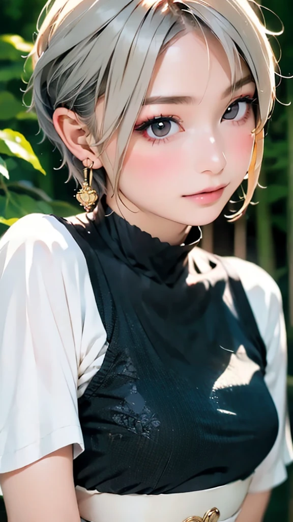 (highest quality, masterpiece), One girl, beautiful girl, Brown_eye, ((hair color [Silver hair], [Pixie cut with front hair] hair)), Earrings, lips, Short sleeve,Realistic, Tight waist, Charm, Colorful Makeup, Long eyelashes, Fair skin, (cute), (Detailed face), Detailed eye, Detailed iris,((Extremely precise and accurate anatomy:1.0)),Kind eyes,Graceful pose,(Beauty of form:1.4) Golden ratio, big eye,(nature's providence:1.4),