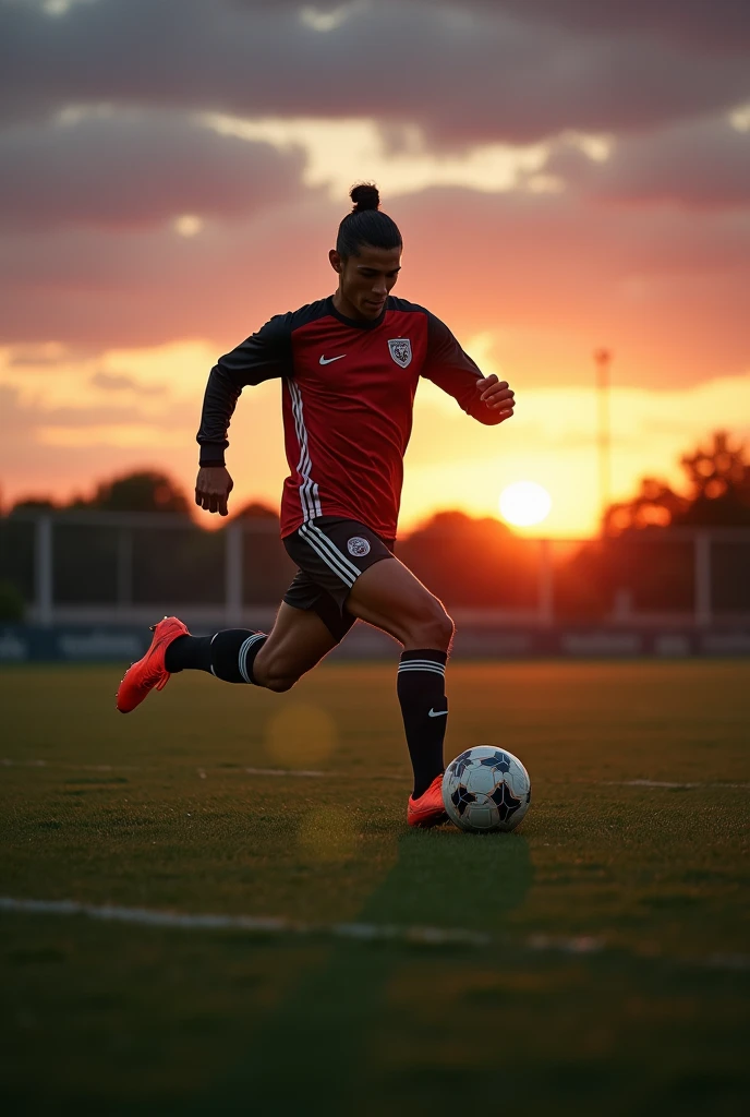 A boy playing football at sunset