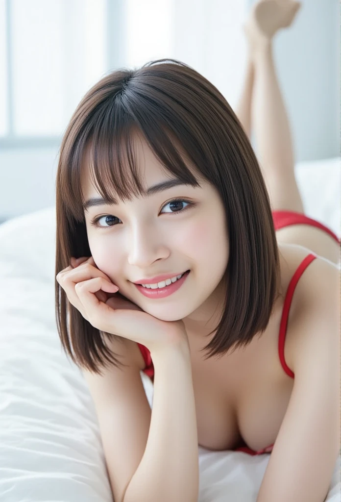 masterpiece, 最high quality,16k,8K,beautiful,get used to it,exquisite,extremely get used to it, finely get used to it, high quality, insanely get used to it, ultra get used to it, ultra high resolution, 超high quality, beautiful face, Japanese, NSFW, (micro bikini, Lie on your back with your legs spread:1.4),(open_legs:1.6)Cinema Lighting,smile