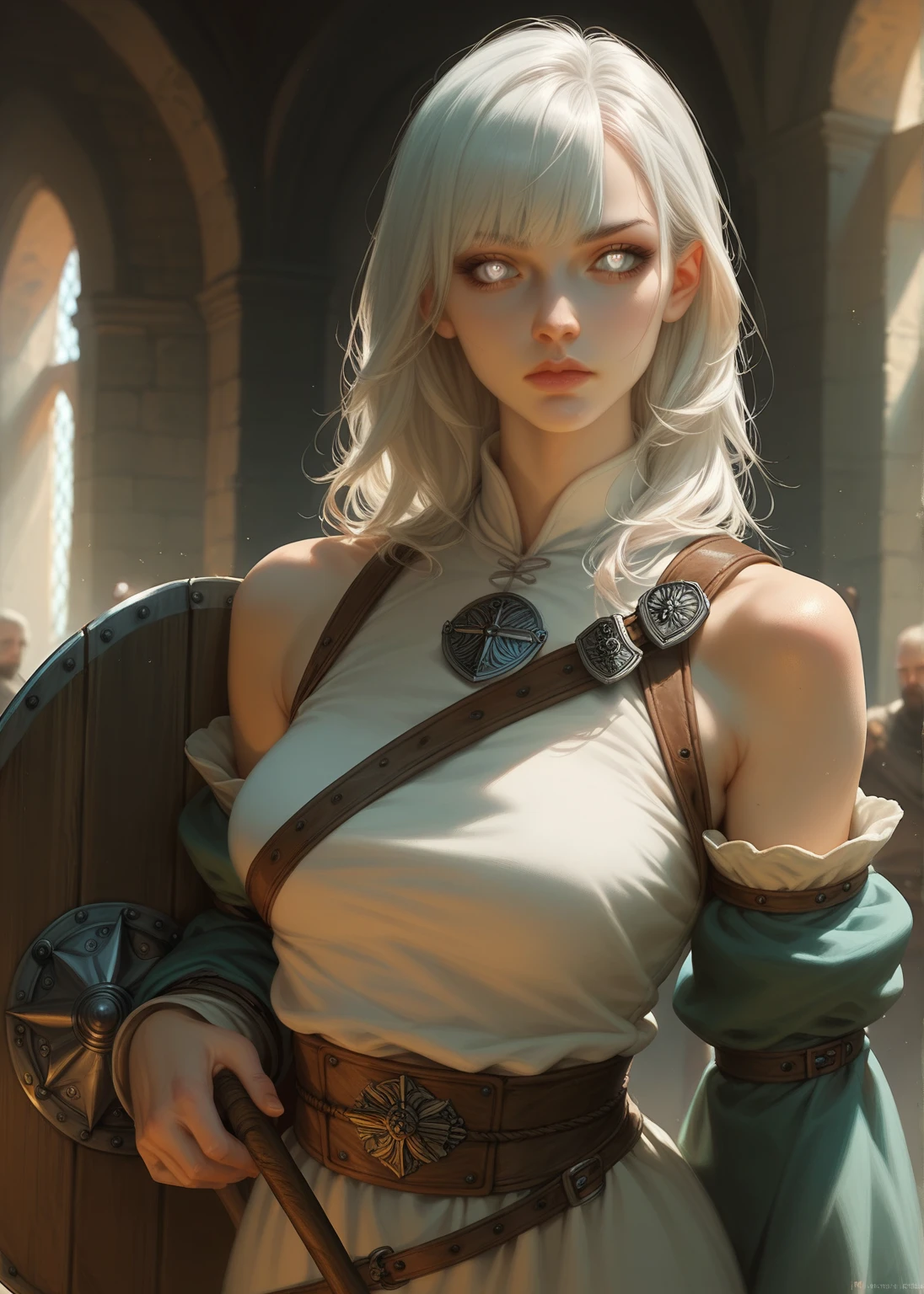 Make a single person , woman, With white hair and bangs.  Eyes with white pupils and black irises and sclera .  Wearing a tunic and over the shoulders of medieval shields . A warrior.  face and character very attractive and aesthetically beautiful 