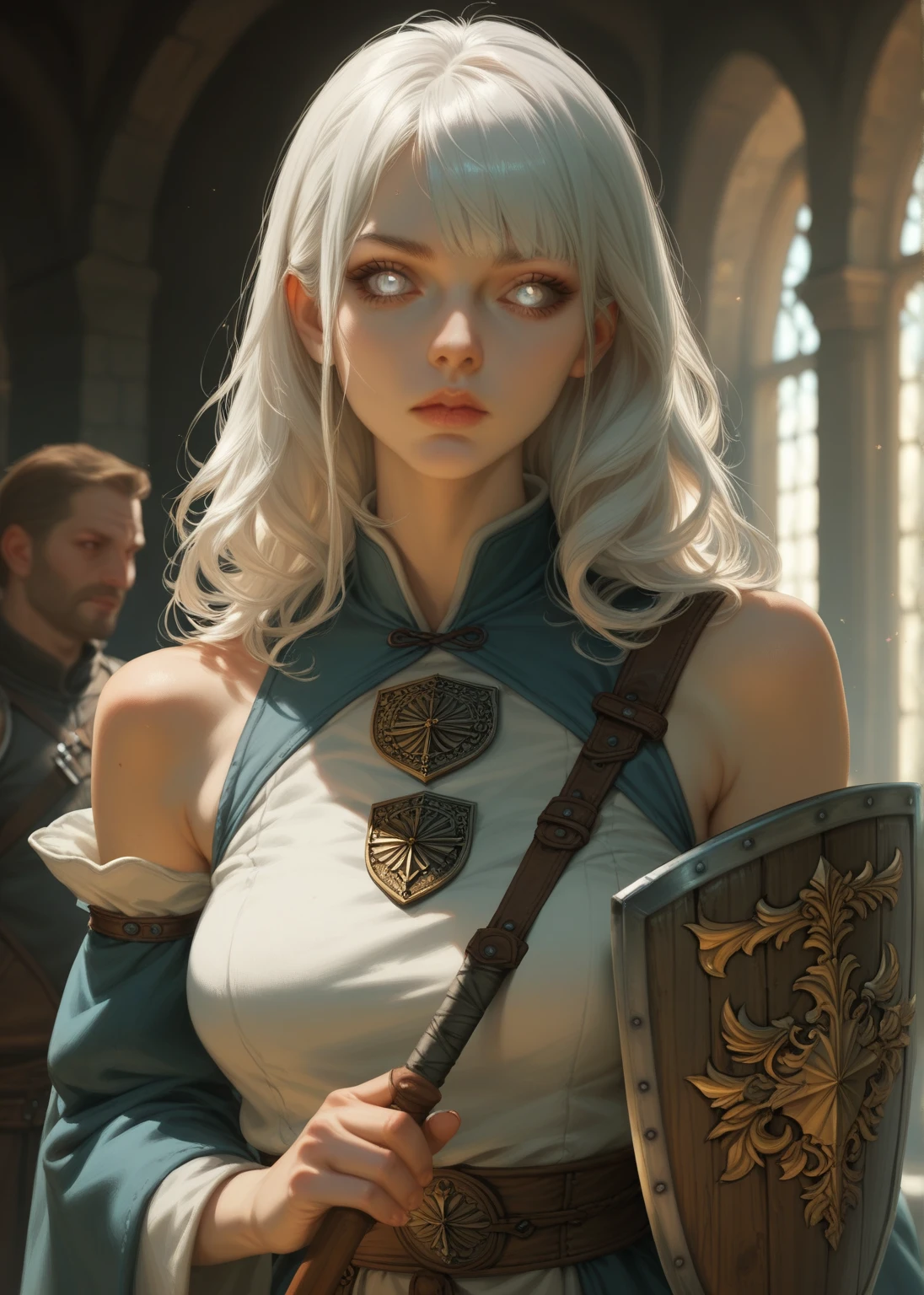 Make a single person , woman, With white hair and bangs.  Eyes with white pupils and black irises and sclera .  Wearing a tunic and over the shoulders of medieval shields . A warrior.  face and character very attractive and aesthetically beautiful 