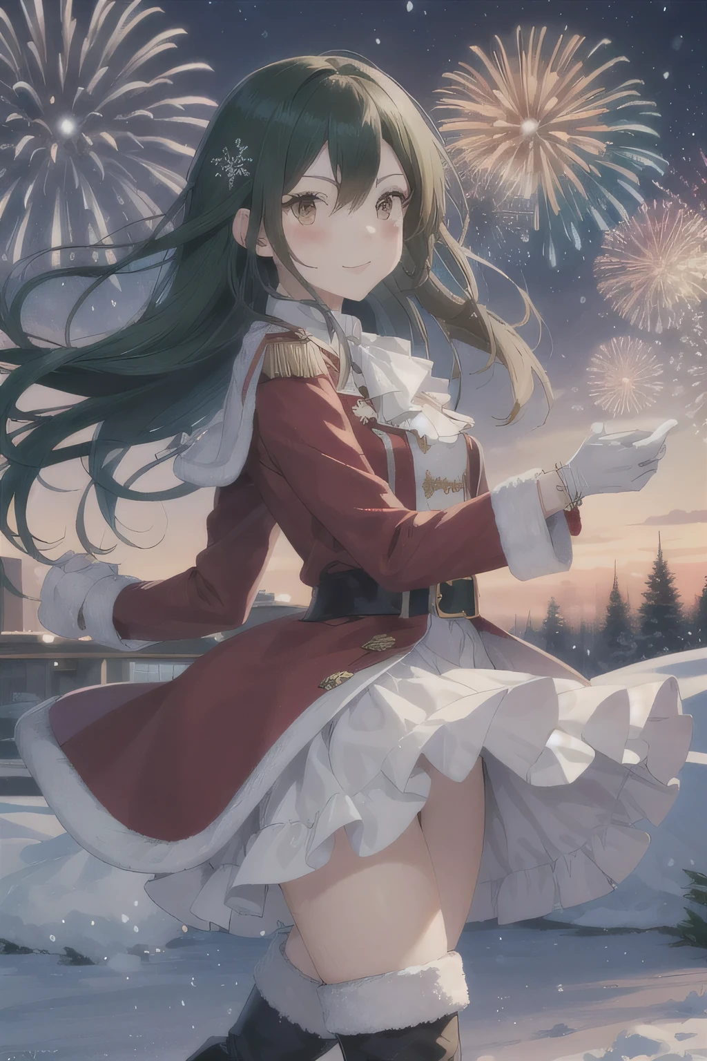 She is dressed in a classic Santa Claus outfit, with a red and white coat, a matching skirt, and black boots, perfectly tailored to her small frame. On her back, she carries a large, white sack filled with presents, the soft fabric of the bag hinting at its generous contents. The background is a serene park blanketed in snow, with the sky transitioning from a warm orange of sunset to the cool blue of night. Snowflakes gently fall, adding to the tranquil winter atmosphere. The girl’s bright and cheerful expression contrasts beautifully with the peaceful surroundings, evoking a sense of warmth and festive joy. Colorful fireworks are bursting into the sky.  long hair,  hair between eyes,  green hair, ( brown eyes:1.4),  boots, frills,  white gloves, Black shoes,  bracelet , epaulet, White Ascot, (masterpiece:1.2),  top quality,  high definition ,  Unity 8K Wallpaper , ( illustrations:0.8), ( Beautiful Detailed Eyes :1.6),  extremely detailed face, perfect lighting,  very detailed CG, (perfect hand,  Perfect Anatomy).Her hair is green.