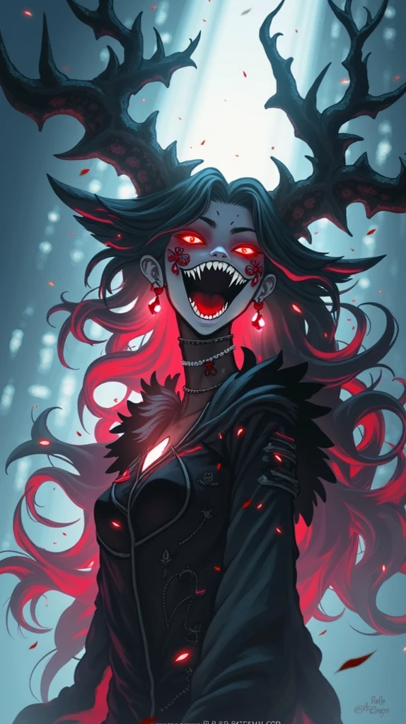 [Best Quality, Shaded, Extreme Detail, Highly Detailed, Ultra Detailed, Intricate, Realistic, Perfect Face, Full Body Portrait], Fenrir Woman, Thick Fur, Full Tail, Long Hair, (Dark Color Fur), Eyes dark red color, expressive smile, aggressive face, demonic clothes (dark color), shoes (gothic style high boots), the scene takes place in hell with a sinister and dark atmosphere.