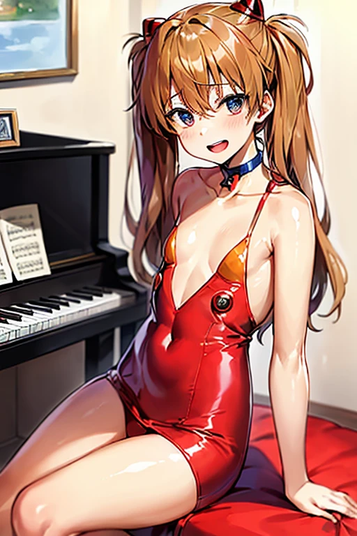 (( top quality)), ((masterpiece)), (be familiar with),  perfect face, indoor, bedroom,  watching viewers,
One woman,  Soryu Asuka Langley,
 open mouth,  ecstatic expression beside the piano, blush, smile,
 small tits,  flat chested, Young girl, Lori,  s,  girl,
 long hair,  Twin Tails ,
Leg spread,