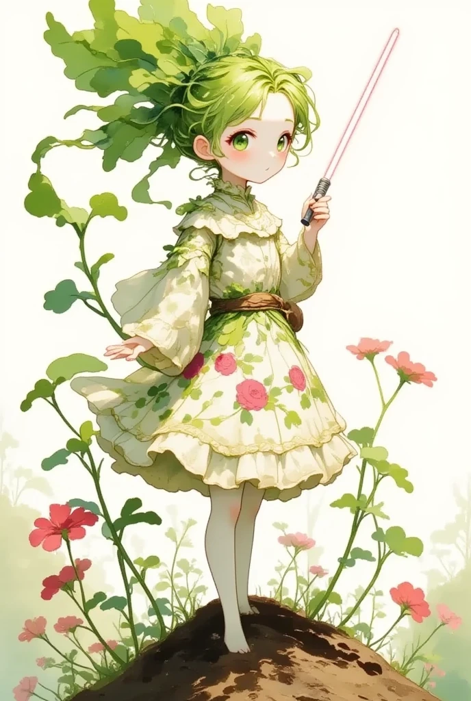 A cute anime illustration of a girl combining a radish and R2-D2, wielding a lightsaber, vibrant colors, playful expression, whimsical style, detailed background