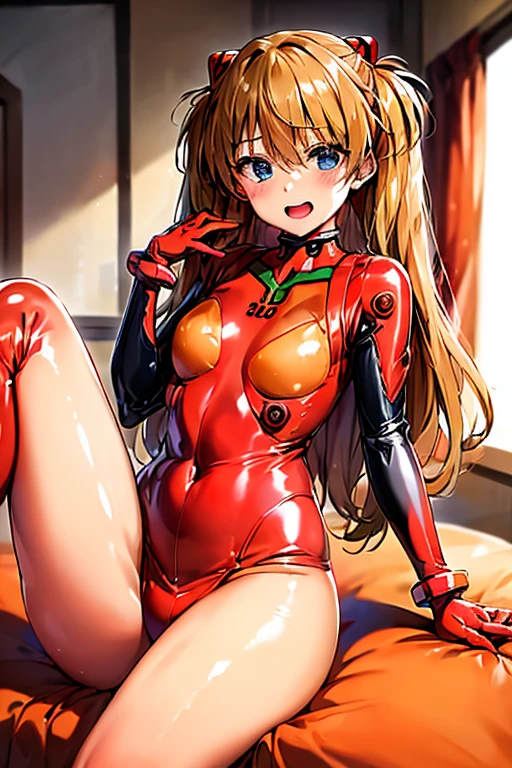 (( top quality)), ((masterpiece)), (be familiar with),  perfect face, indoor, bedroom,  watching viewers,
One woman,  Soryu Asuka Langley,
 open mouth,  ecstatic expression beside the piano, blush, smile,
 small tits,  flat chested, Young girl, Lori,  s,  girl,
 long hair,  Twin Tails ,
Leg spread,