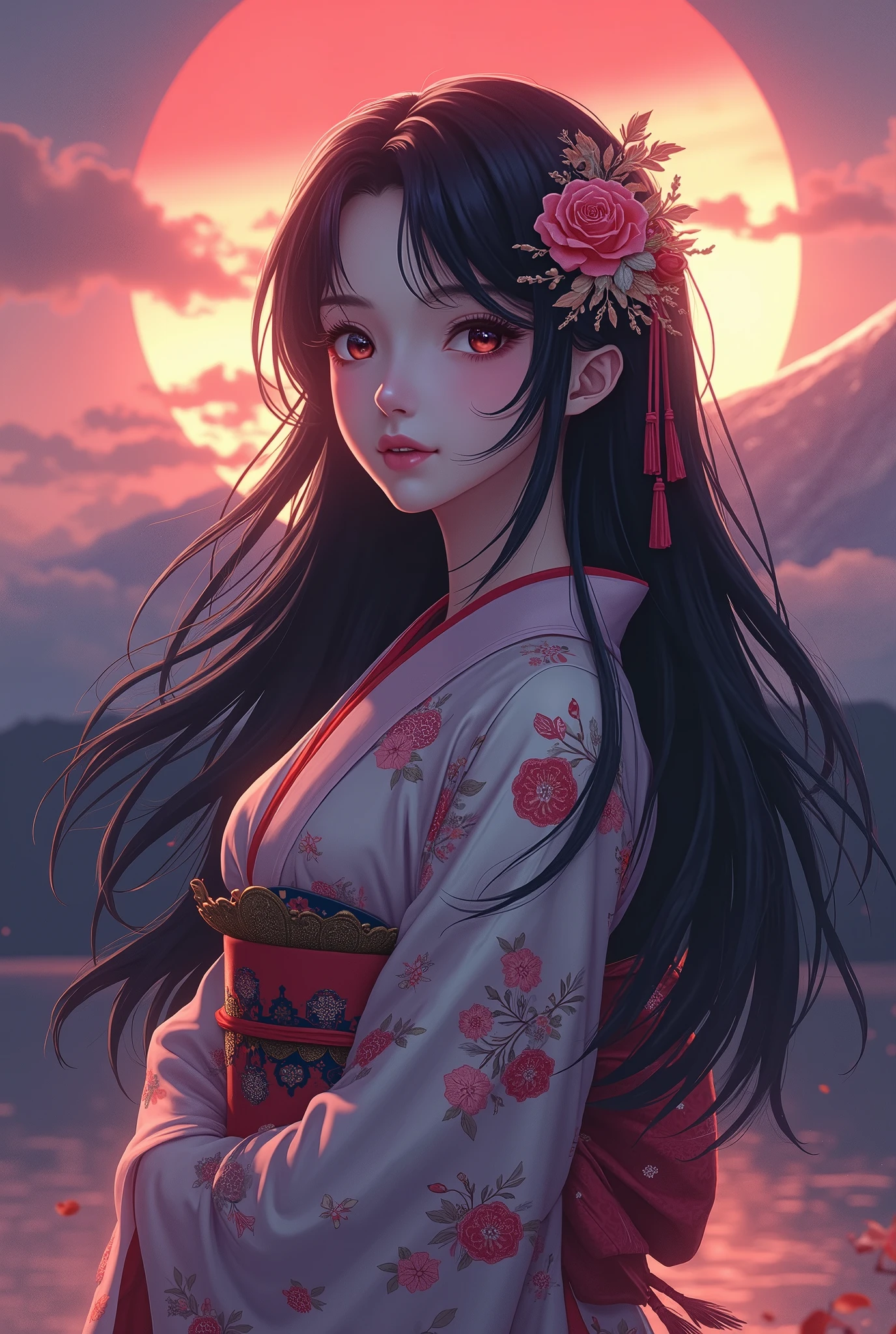 Japanese Mythology, 美しい富士Mountain Goddess, Princess Konohana Sakuya ,  the supreme god of Japanese mountain worship, Mountain Goddess,  Best Anime Beauties, Long black hair, Mt. Fuji dyed in the sunset, Anime/Mangaアート, Osamu style of Tezuka,  best quality,  high definition , 8k, Anime/Manga, Sunset beauty, 