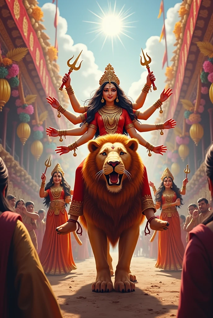 For a realistic depiction of Durga Puja, imagine a vibrant and detailed scene set during the peak of the festival. The image captures a grand pandal (temporary structure) where an elaborately adorned idol of Maa Durga is placed at the center. The idol of Durga is depicted with her ten arms, each holding a different weapon, symbolizing the destruction of evil forces. She has a serene yet powerful expression, riding a lion, and triumphing over the demon Mahishasura under her feet.

The background is richly decorated with traditional motifs, colorful flowers, and ornate lights, creating a festive atmosphere. Devotees, dressed in traditional Indian attire, are gathered around the idol, offering prayers, flowers, and incense. Women are seen performing the traditional "dhunuchi naach" with incense burners, while the sounds of drums (dhak), conch shells, and chants of "Durga Ma ki Jai" fill the air.

The entire scene is bathed in warm, golden light, enhancing the richness of the cultural and spiritual experience. The environment reflects the joy, devotion, and unity of the people celebrating Durga Puja, one of the most significant festivals in Indian culture.