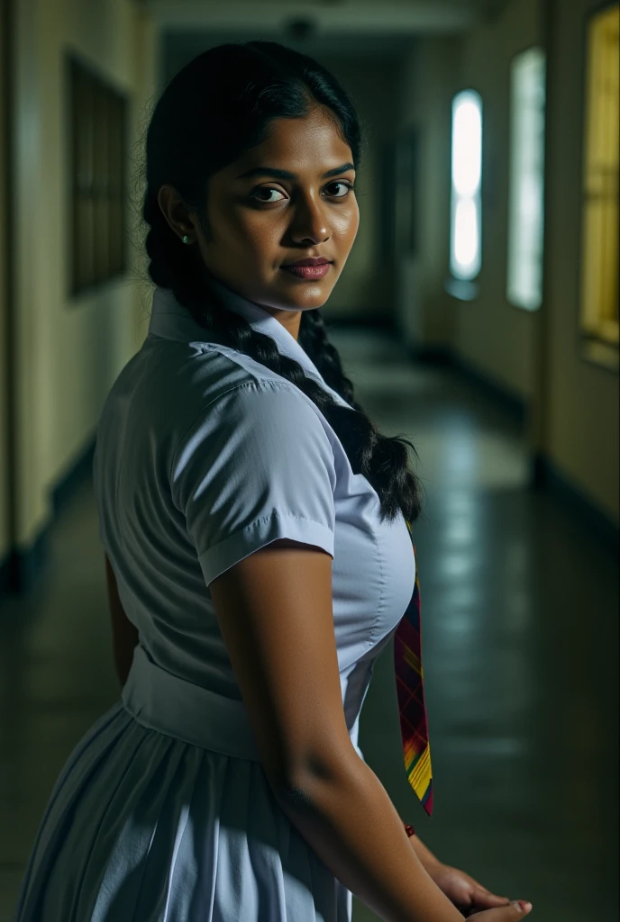 beautiful cute Sri Lankan school girl, in barefoot, Large breast size , 20 years old, wearing a white frock and a colored tie. She has plaits, black braided long hair, cinematic lighting, glowing, movie filter, moody effect, thick body, beautiful Indian face, walk away form the viewer, looking back, in a corridor, sad face