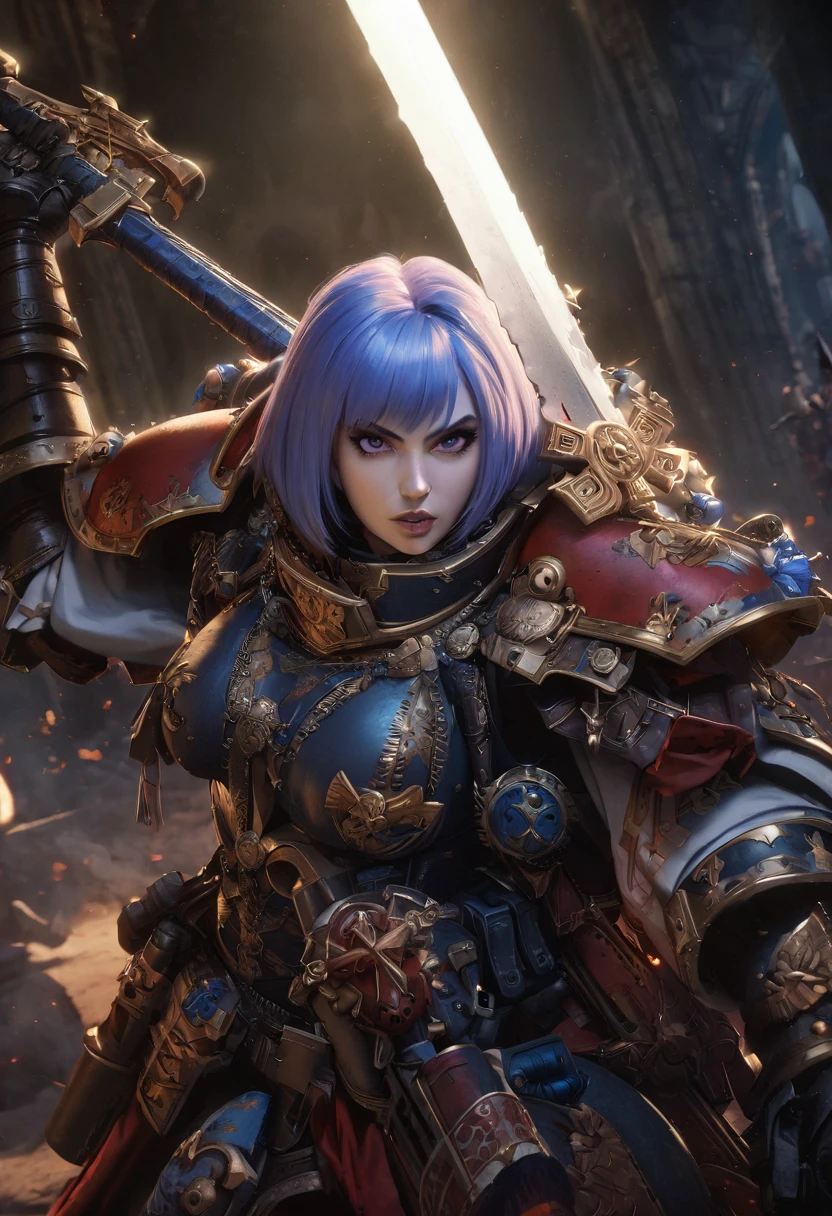 detailed high quality portrait of a Warhammer 40k sisters of battle Canoness, beautiful detailed face, piercing eyes, full lips, ornate battle armor, holding a blessed power sword, dramatic lighting, cinematic composition, vibrant colors, intricate details, dark gothic atmosphere, cinematic lighting, complex background, realistic rendering, heroic pose