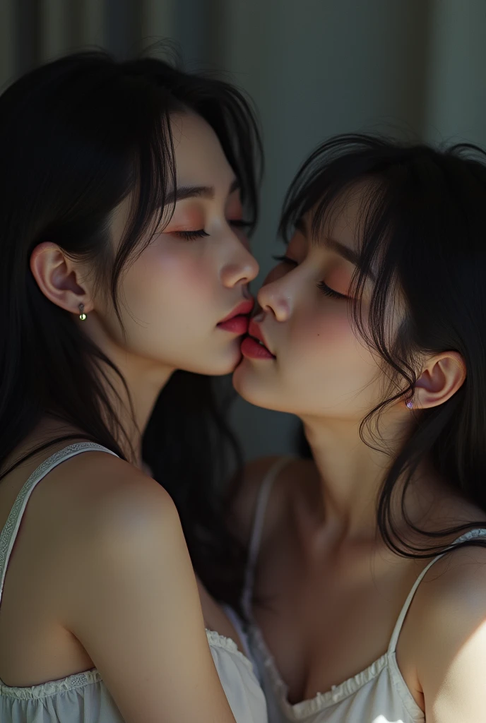 two japanese young girls kissing, girl kissing girl, lesbian, (((realistic))), (((High resolution))), (((anatomically correct)))